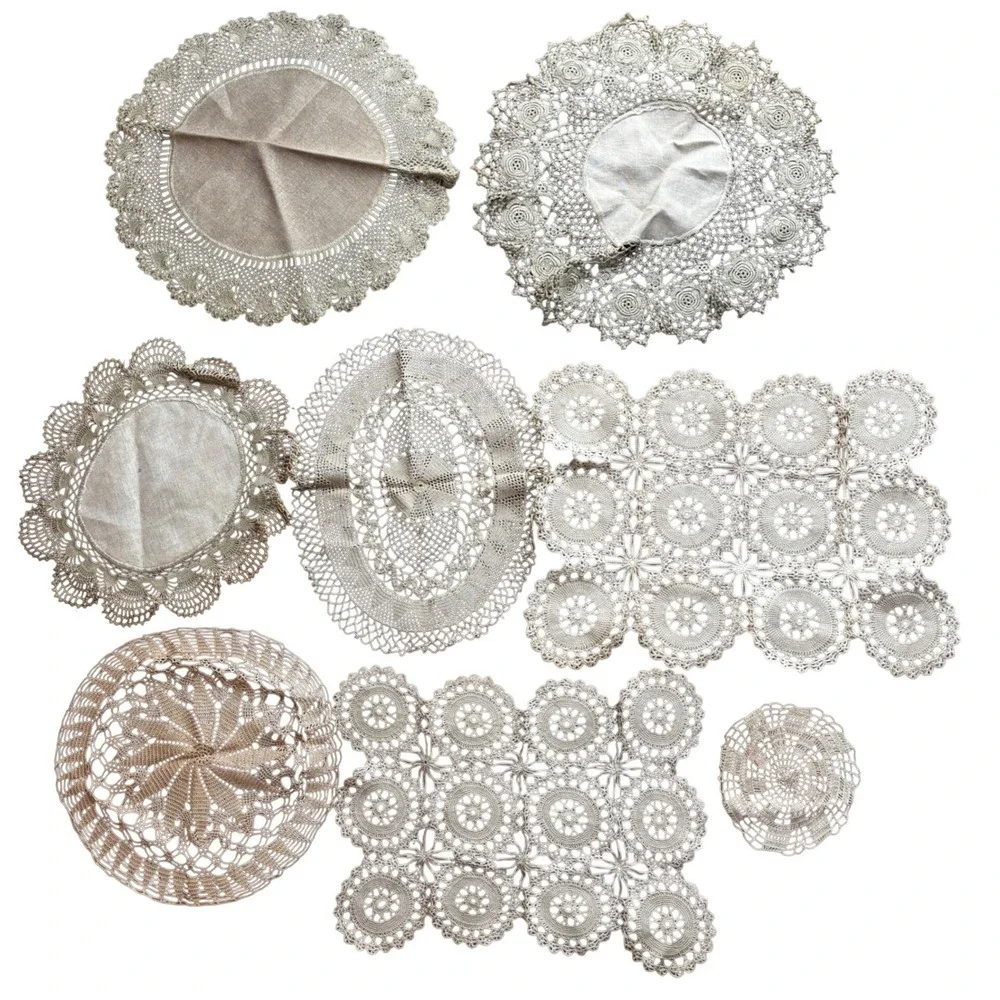 Vintage Handmade Crochet Lace Doily Lot 8pc Mixed Shapes Beige Cream Shabby Chic